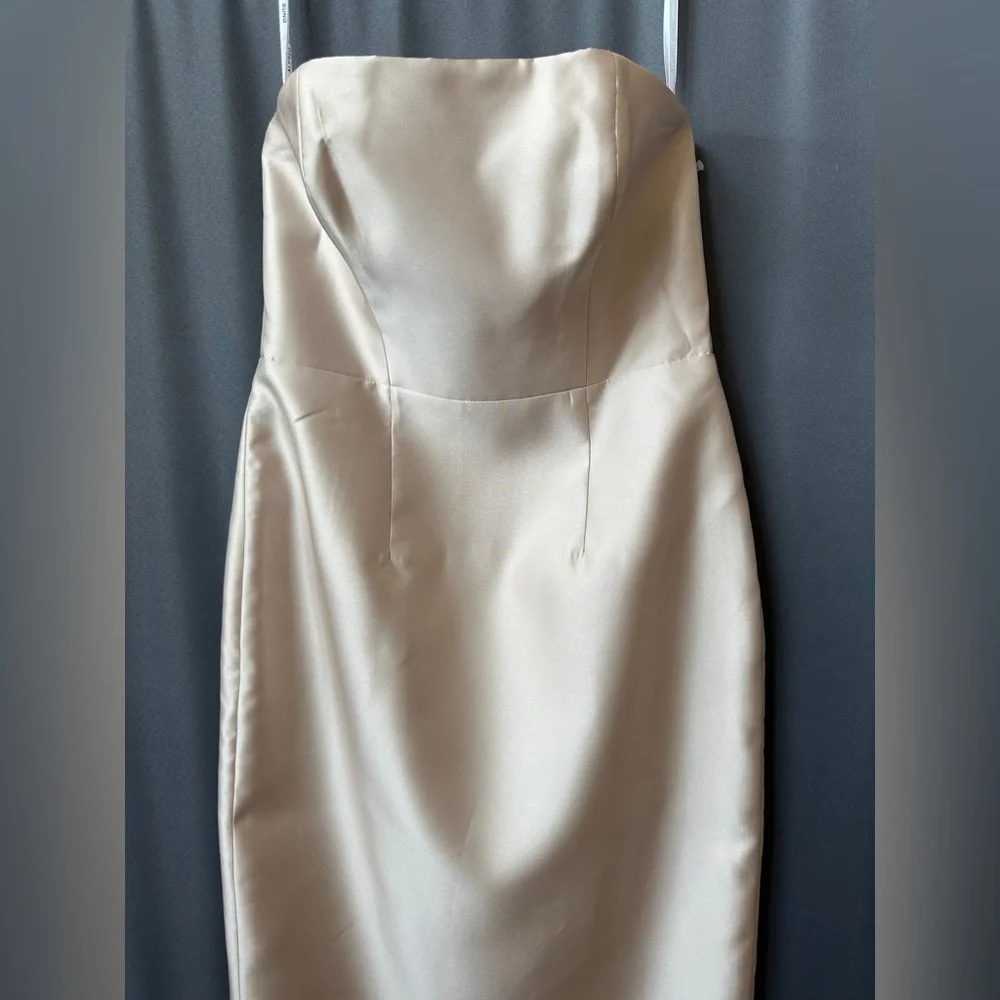 ALFRED SUNG Strapless Satin Maxi Gown in Champagne - Picture 5 of 10